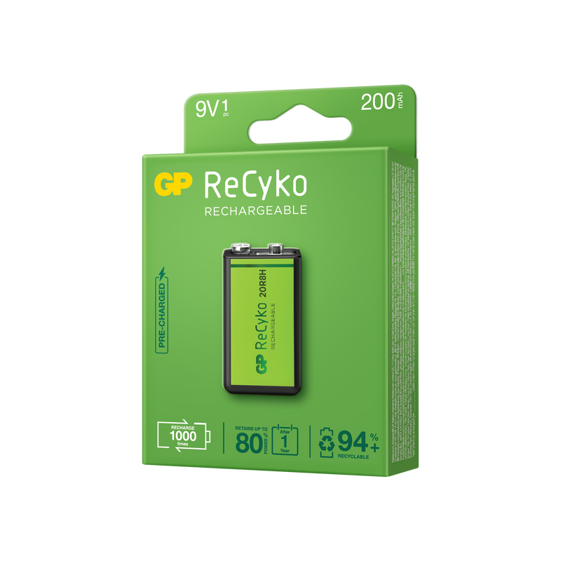 Rechargeable batteries GP ReCyko 9V 200mAh, recyclable packaging 1pcs